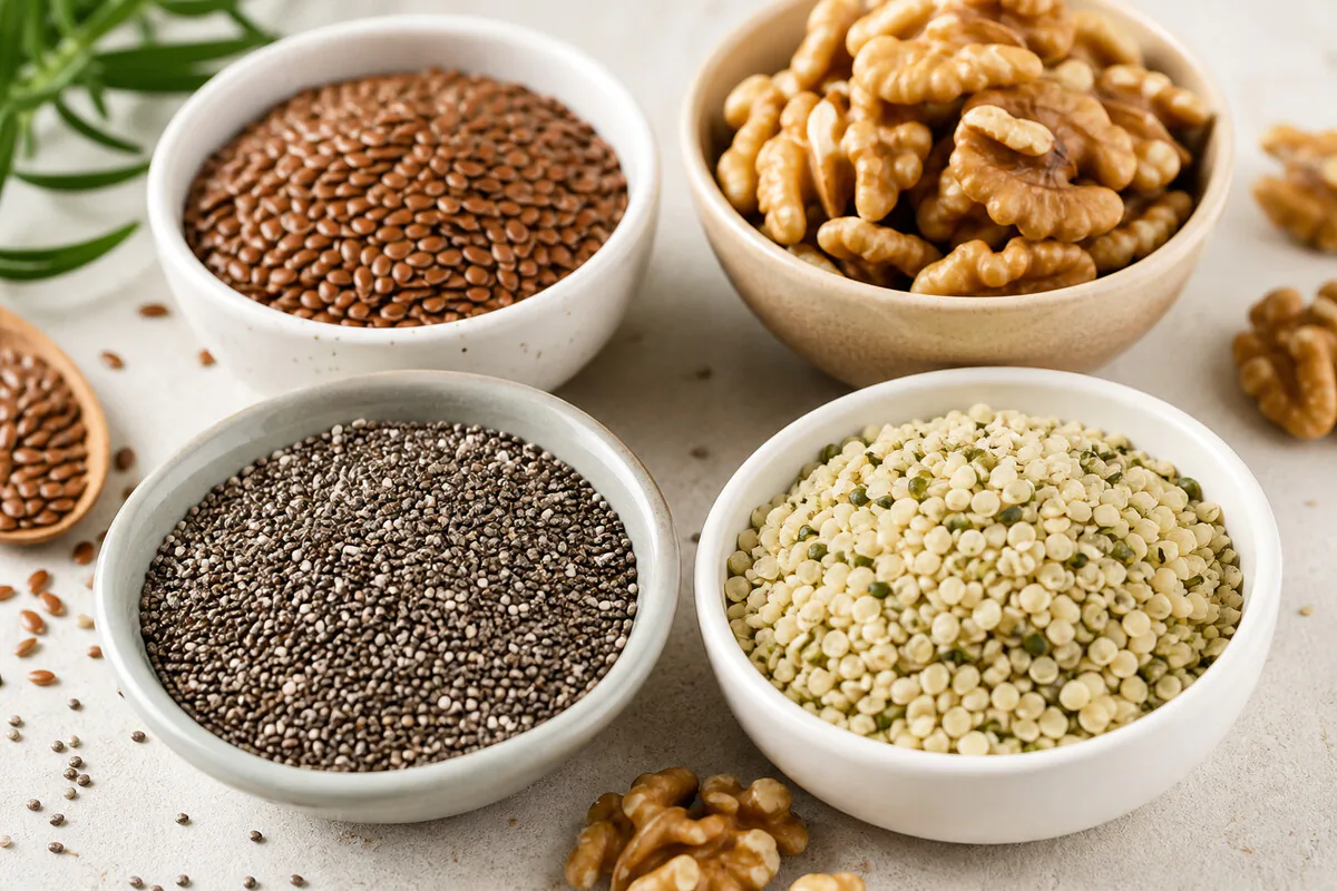 Vegane Omega-3-Quellen: Leinsamen, Chiasamen, Hanfsamen und Walnüsse in Schalen