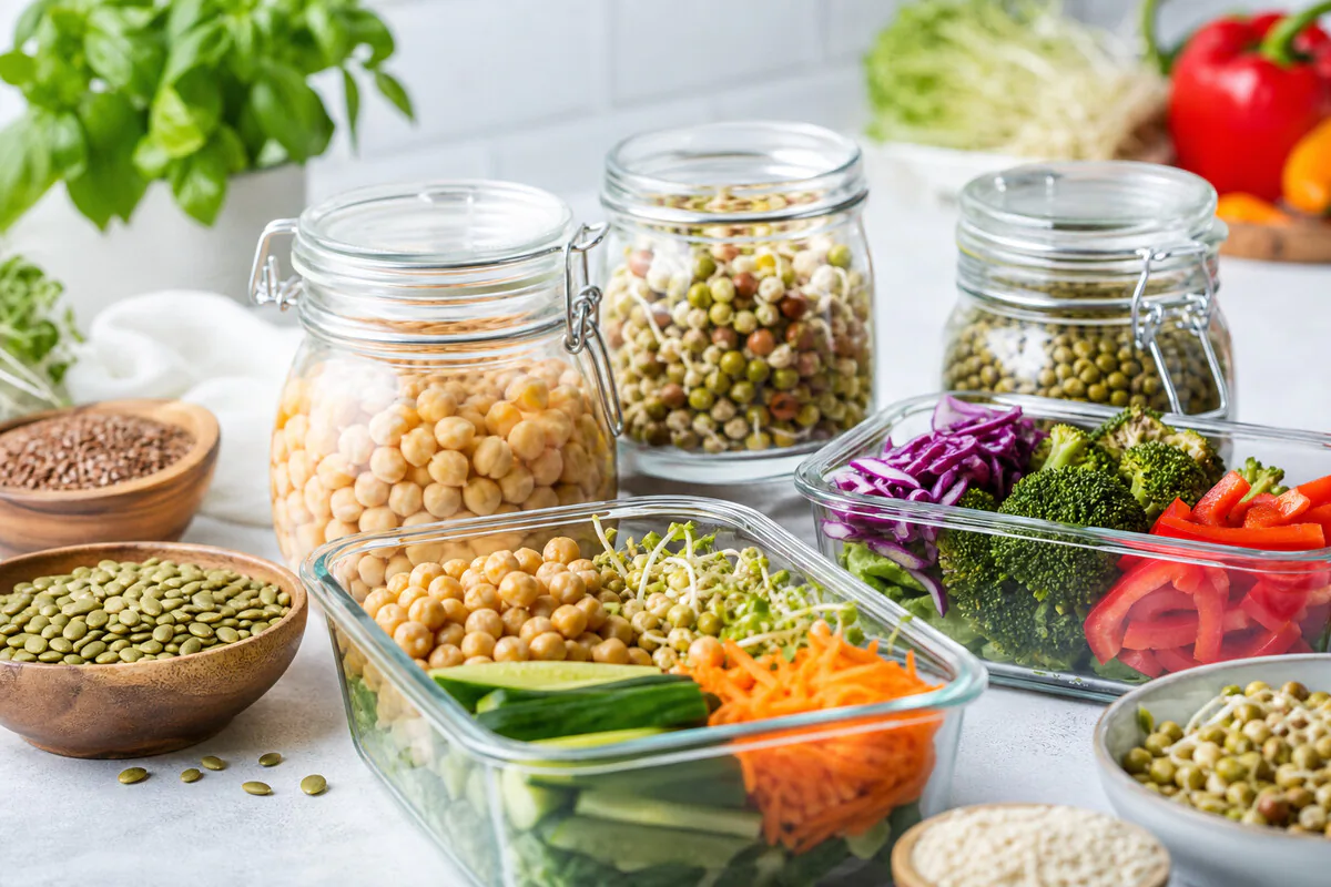 Vollwertige vegane Lebensmittel: frisches Gemüse, Hülsenfrüchte und Samen statt verarbeiteter Ersatzprodukte