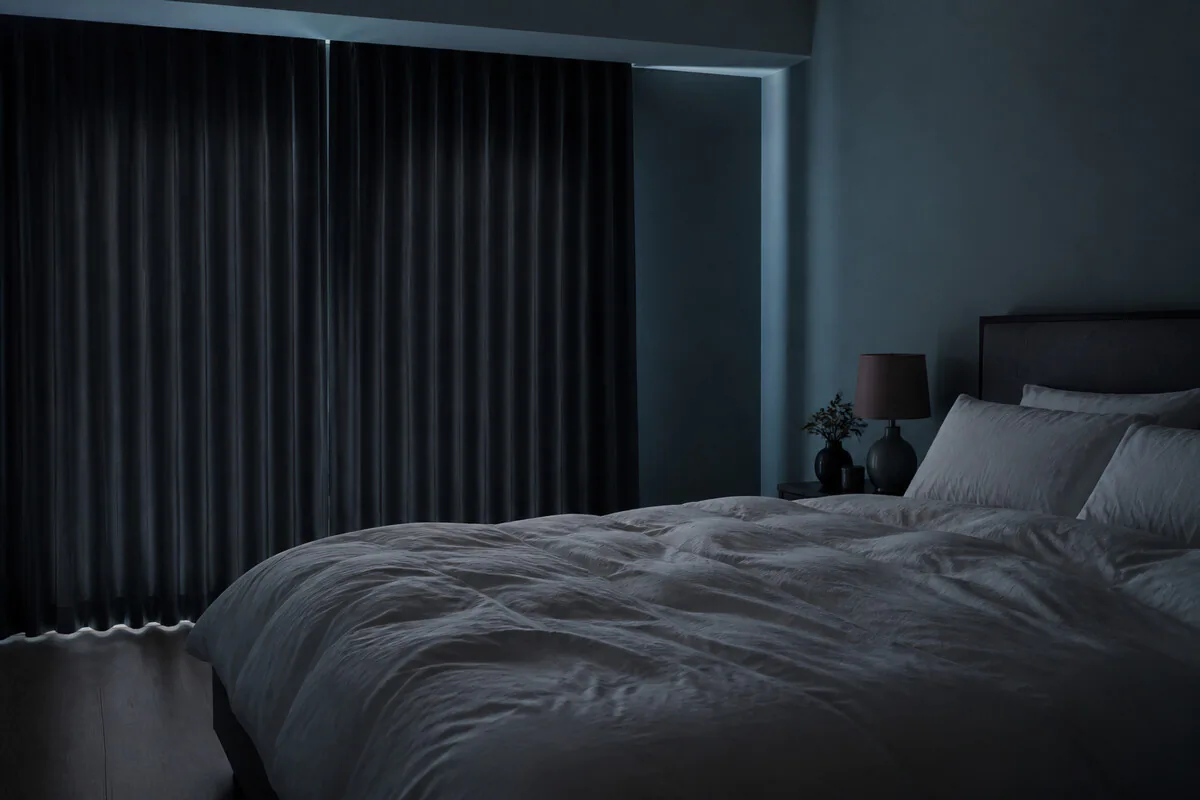 Dunkles, kühles Schlafzimmer mit Verdunkelungsvorhängen – optimale Umgebung für Tiefschlaf