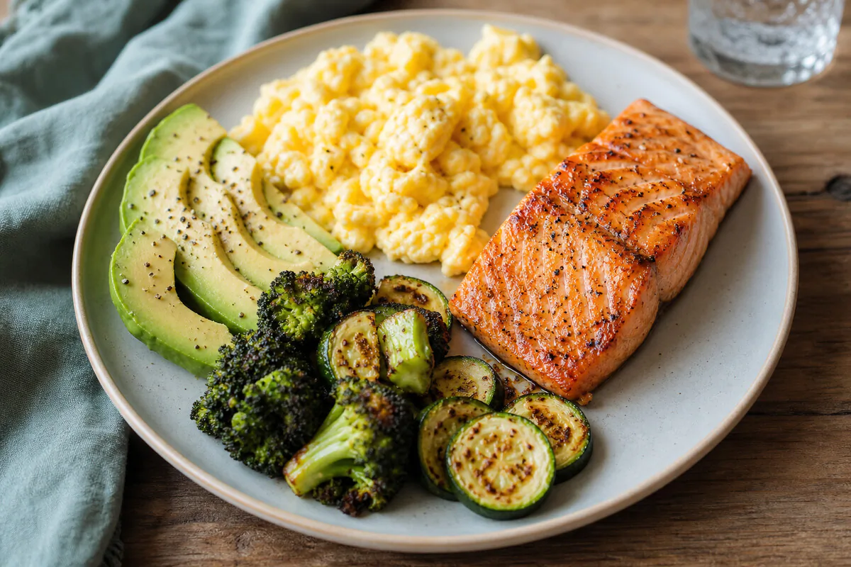 Sättigende Mahlzeit mit Lachs, Avocado, Eiern und Gemüse – protein- und fettreich, wenig schnelle Kohlenhydrate