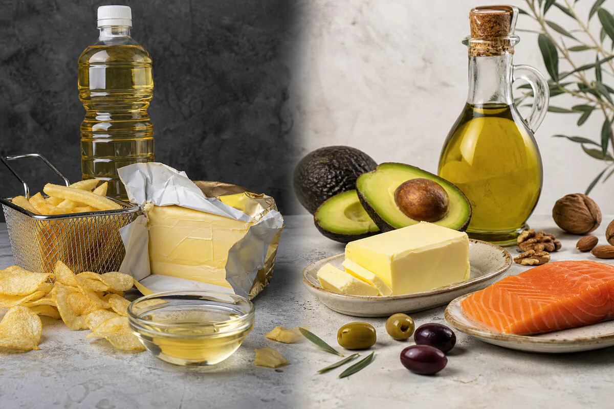 Vergleich: industriell verarbeitete Fette versus natürliche Fettquellen wie Avocado, Olivenöl, Butter und Lachs