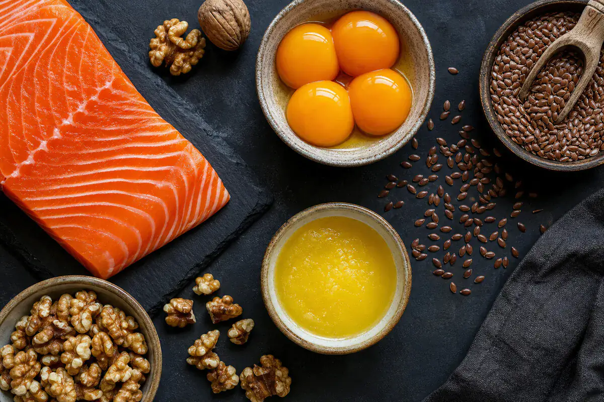 Omega-3-reiche Fettquellen: Lachs, Eigelb, Walnüsse, Leinsamen und Ghee auf dunkler Oberfläche