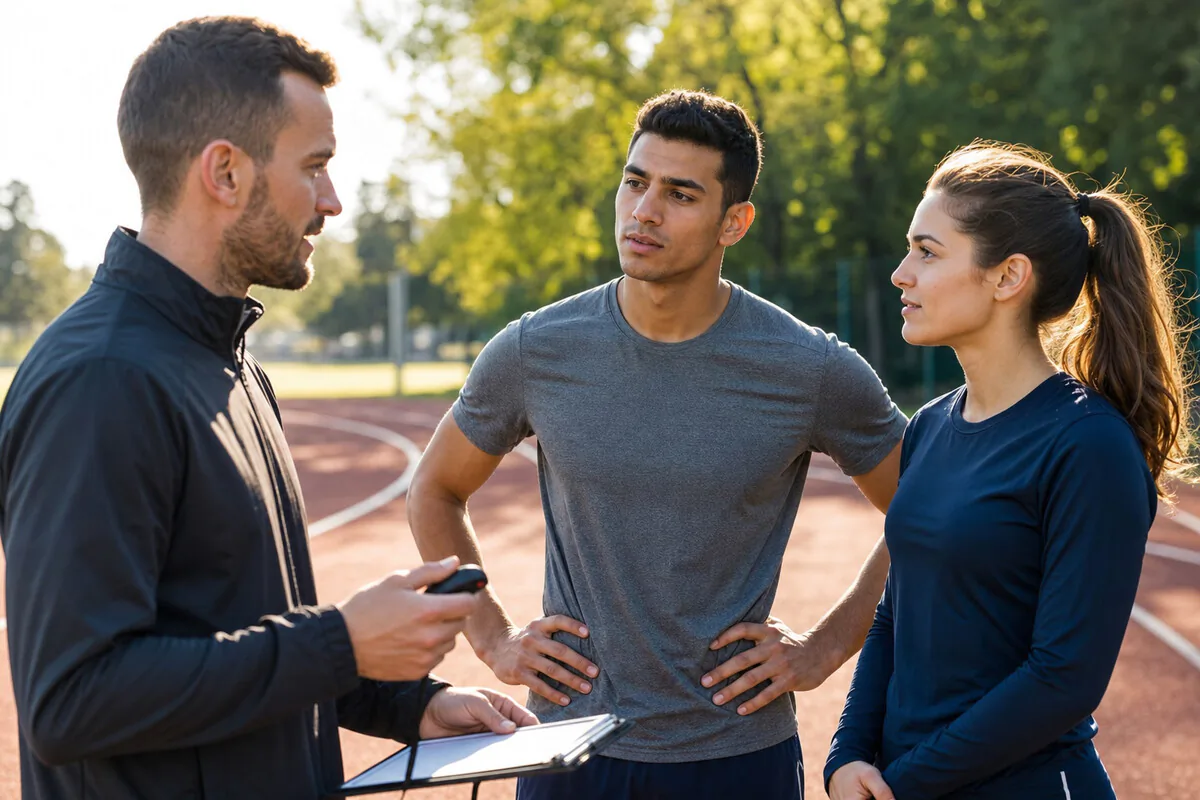 Lauftrainer bespricht mit Athleten den Plan vor der ersten Trainingseinheit