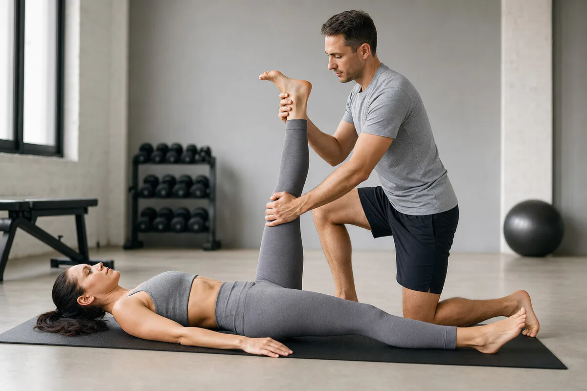 Trainingspartner fuehrt eine Contract-Relax-Dehnung aus – Person liegt auf dem Ruecken, Bein wird gefuehrt gestreckt