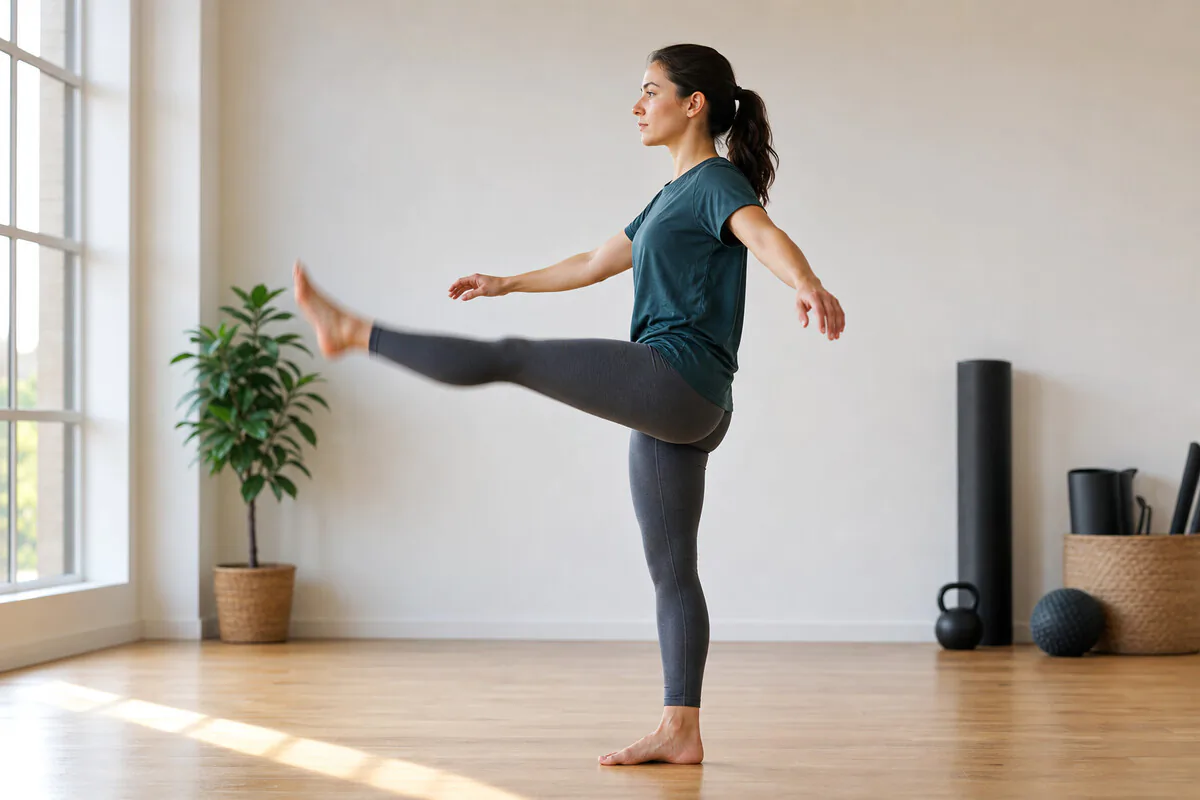 Athletin steht auf einem Bein, schwingt das andere gestreckt nach vorne oben in kontrolliertem Rhythmus – aktiv-dynamisches Dehnen der Hüftbeuger