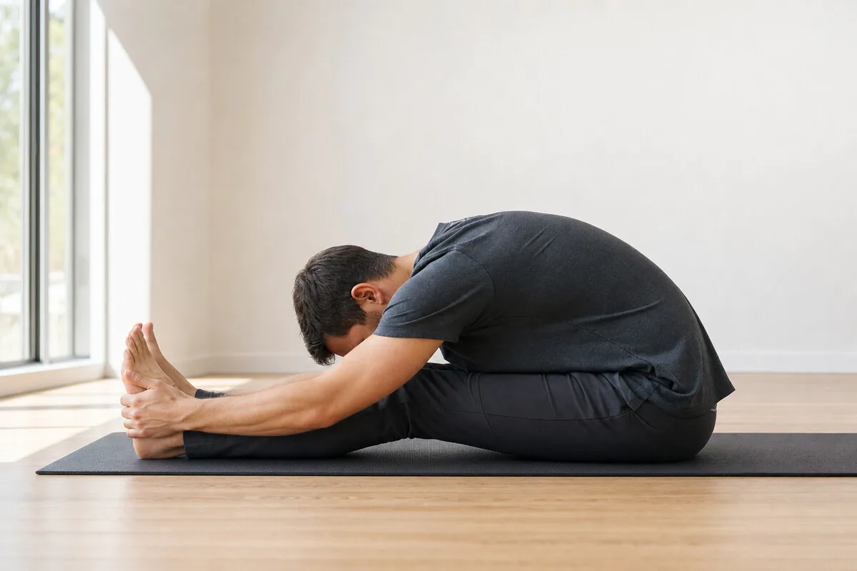 Person sitzt im Langsitz auf einer Yogamatte und greift mit gestreckten Knien zu den Füßen – klassische passiv-statische Dehnung der hinteren Beinmuskulatur