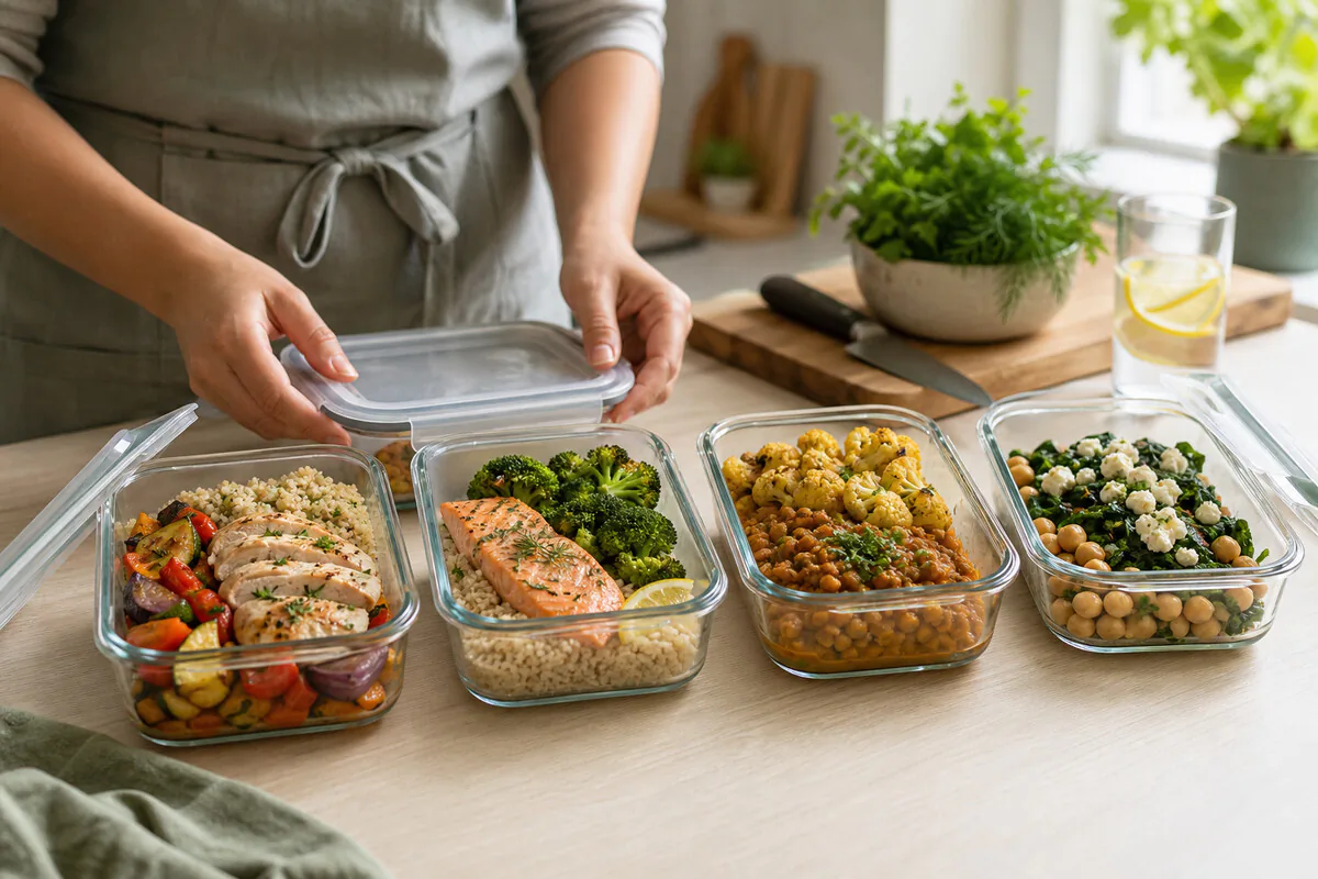 Meal-Prep am Küchentisch – selbst zubereitete frische Mahlzeiten in Glasdosen