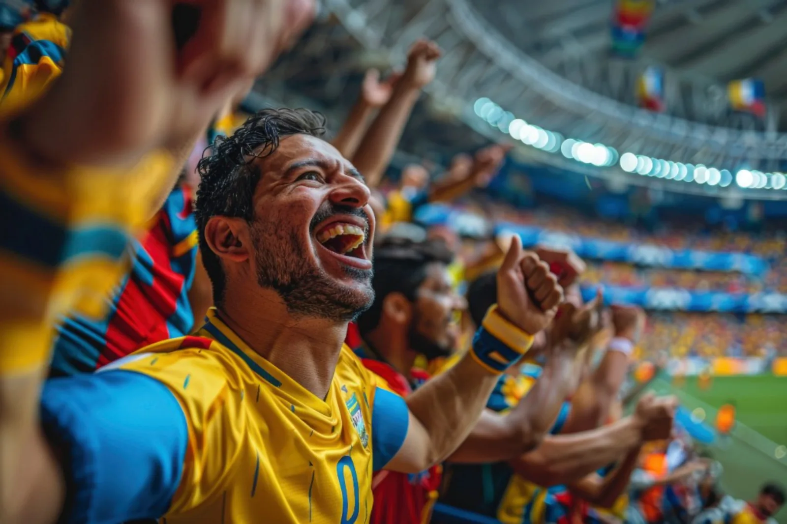 Jubelnder Fußball-Fan im gelben Trikot mit erhobenen Armen – pure Emotion in der Fankurve