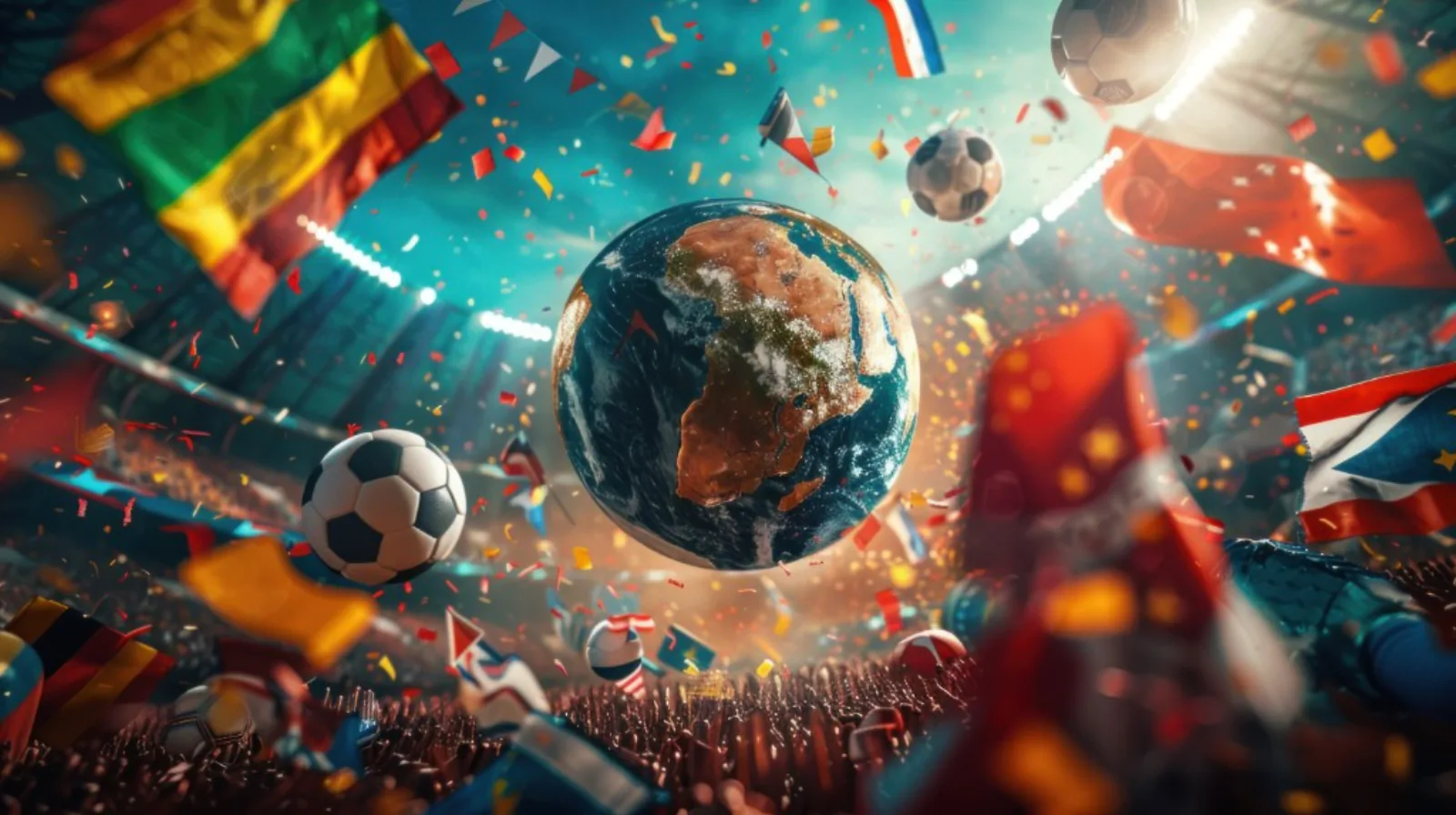 Globus, Fußbälle und Flaggen aller Nationen – die Fußball-WM als weltumspannendes Event
