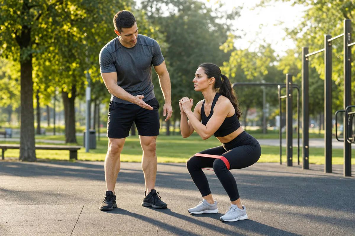 Personaltrainer trainiert Kunden im Outdoor-Park mit Widerstandsband, sonnige Morgenstimmung