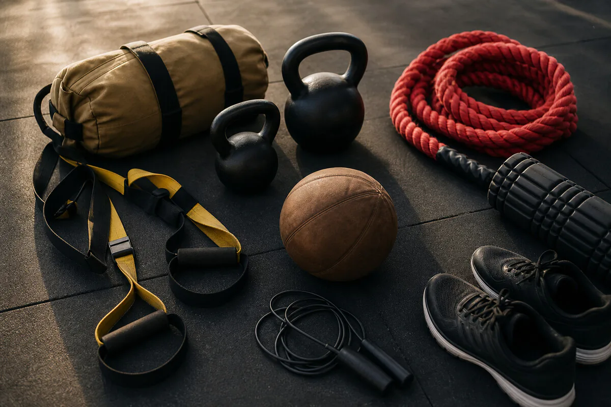 Vielfaeltiges Functional-Training-Equipment: Kettlebells, Sandbags, Battle Ropes, Medizinball und TRX in einem hellen modernen Training-Raum