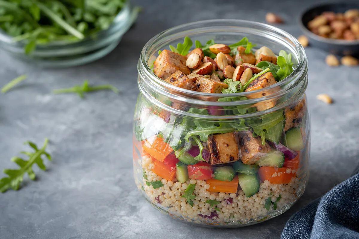 Frischer Couscous-Salat mit Gemüse, geräuchertem Tofu und Nüssen im Meal-Prep-Glas
