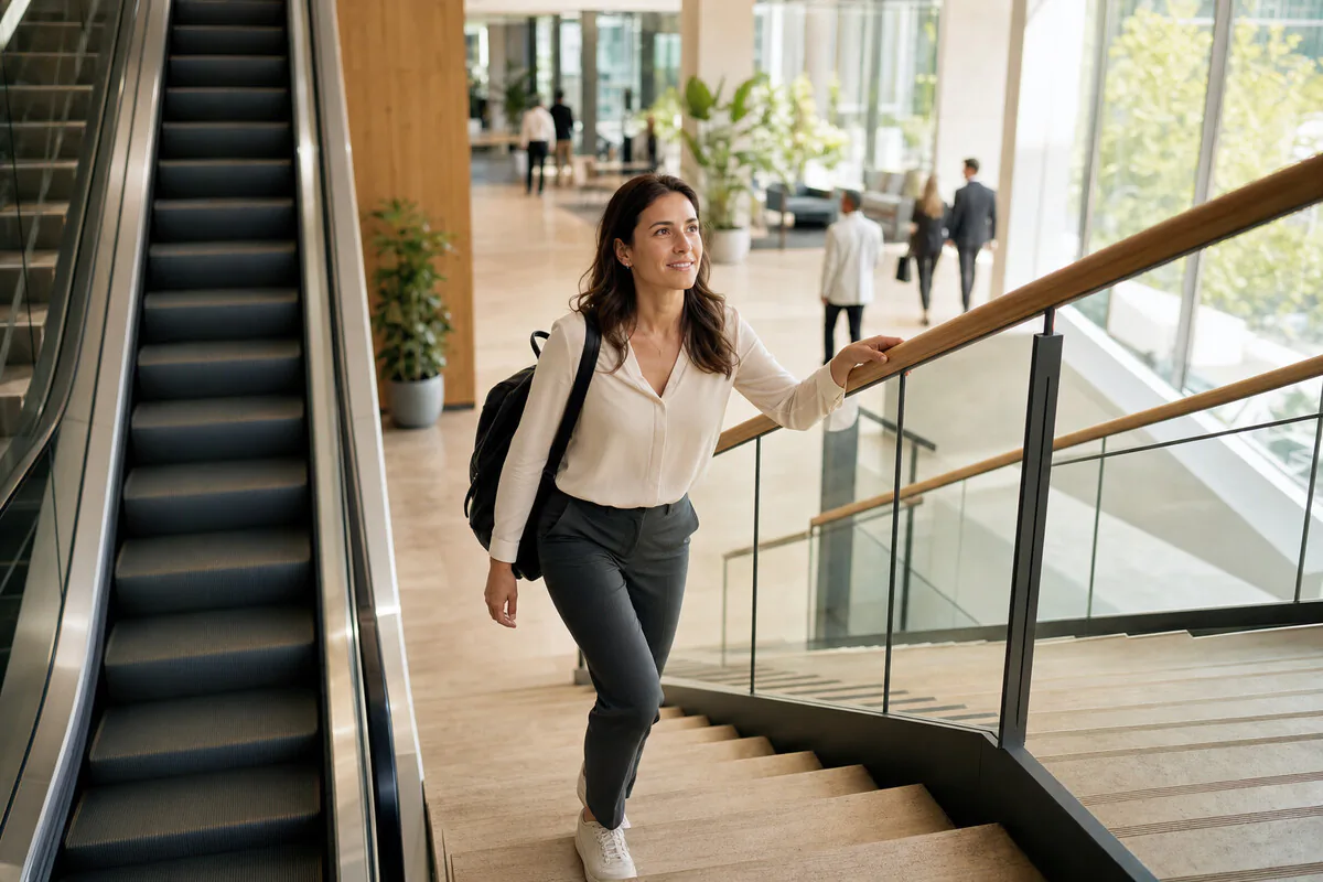 Person nimmt die Treppe statt der Rolltreppe – Alltagsbewegung in einer hellen Bürolobby