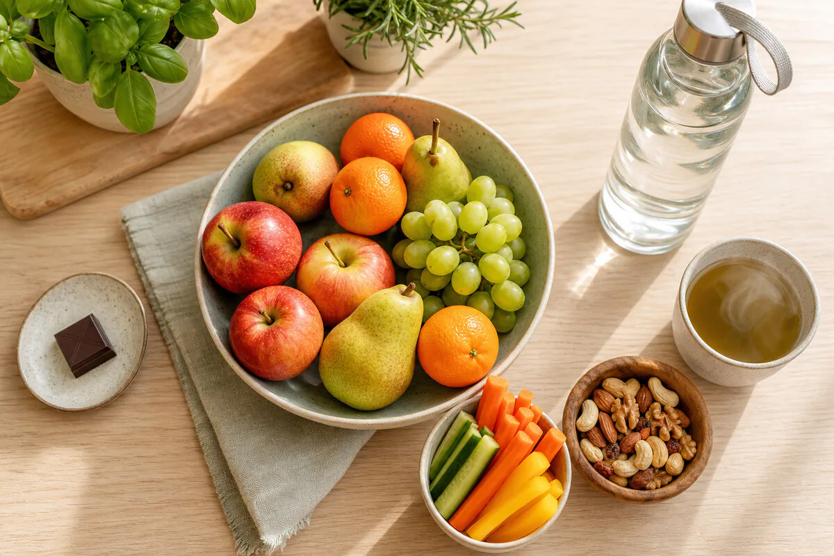 Schale mit frischem Obst, Nüssen und einer Wasserflasche griffbereit auf dem Küchentisch