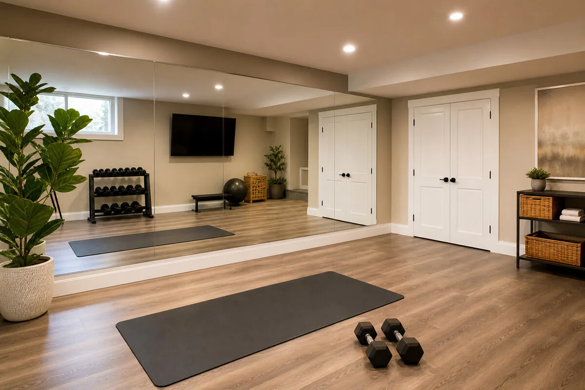 Heimstudio mit Wandspiegel, Trainingsgeräten und gut beleuchtetem Trainingsbereich