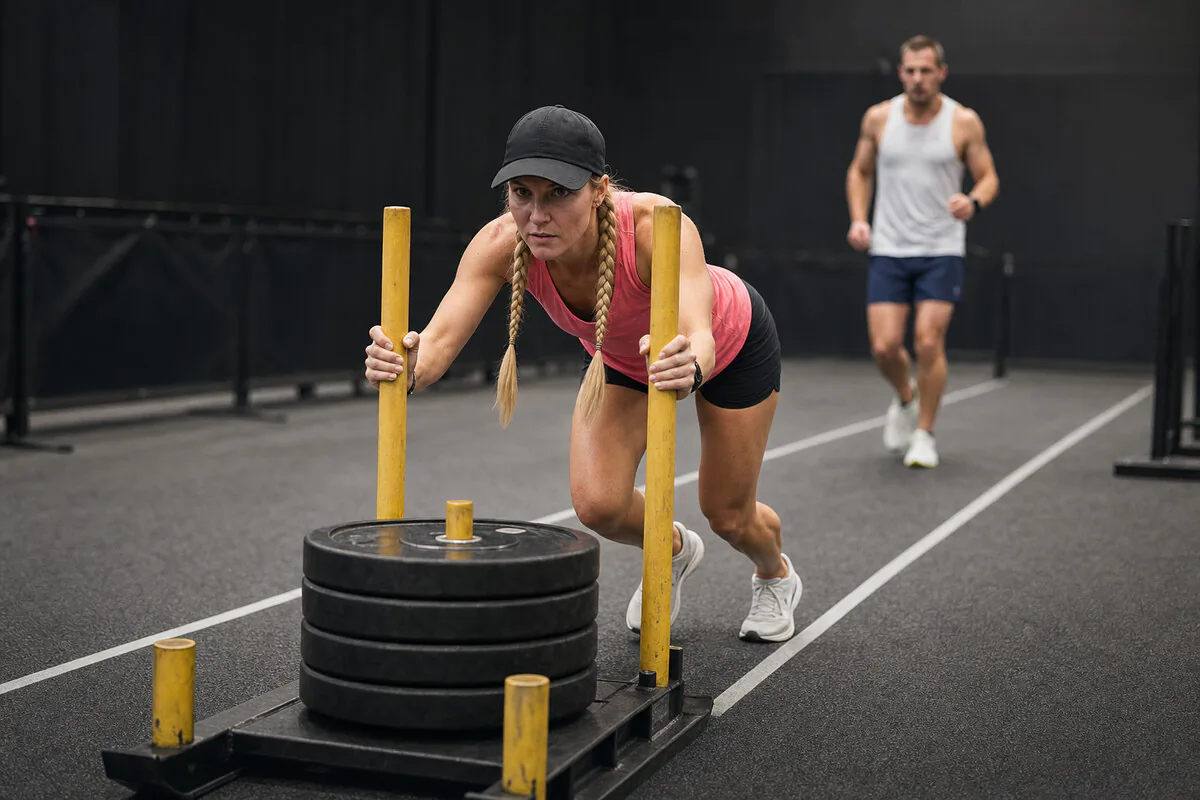 Athleten beim Hyrox-Wettkampf an einer Sled-Push-Station