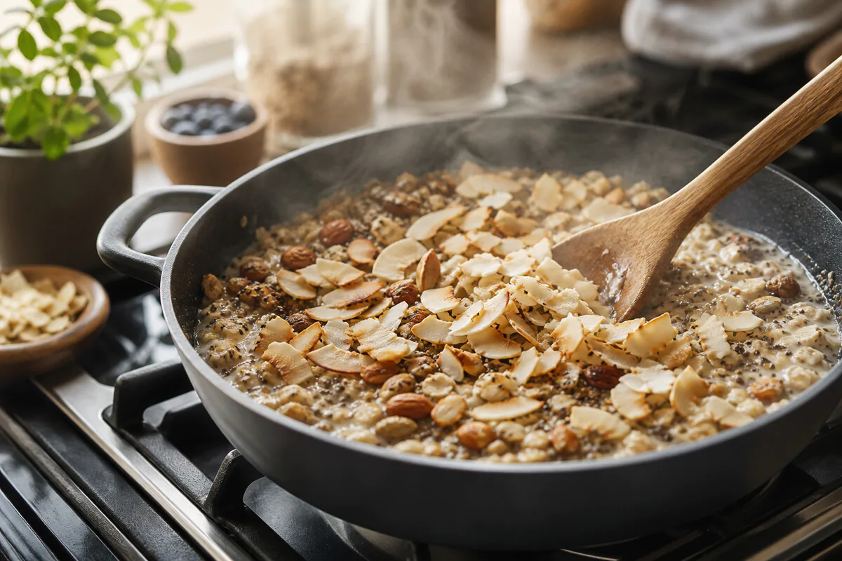 Keto-Müsli wird in einem Topf leicht angeröstet und köchelnd zubereitet – warmes Low-Carb-Frühstück