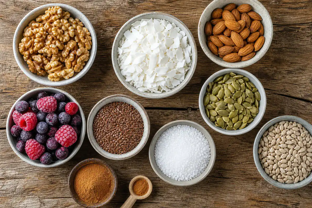 Zutaten für Keto-Müsli: Kokosflocken, Nüsse, Kürbis- und Sonnenblumenkerne, Leinsamen, Beeren, Erythrit und Zimt