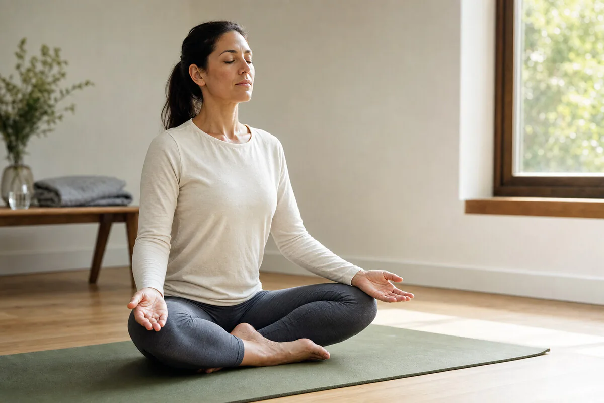 Pranayama – Atemübung im Schneidersitz, Hände auf den Knien, ruhiger Blick nach innen
