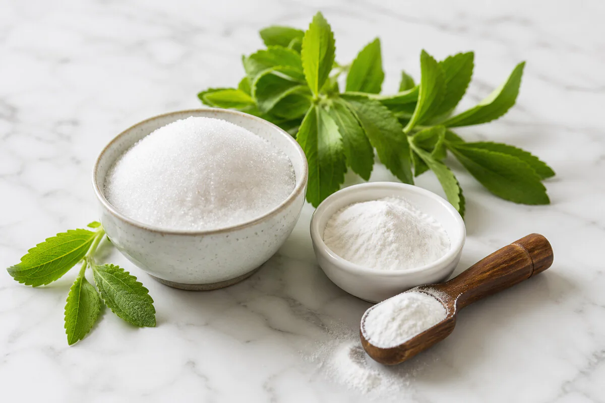Erythrit-Kristalle und Stevia-Pulver mit frischen Stevia-Blättern – kalorienfreie Low-Carb-Zuckeralternativen