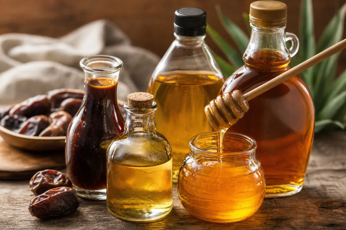 Natürliche Süßungssirupe: Honig, Ahornsirup und Agavendicksaft – optisch gesund, aber oft reich an Fructose und Kalorien
