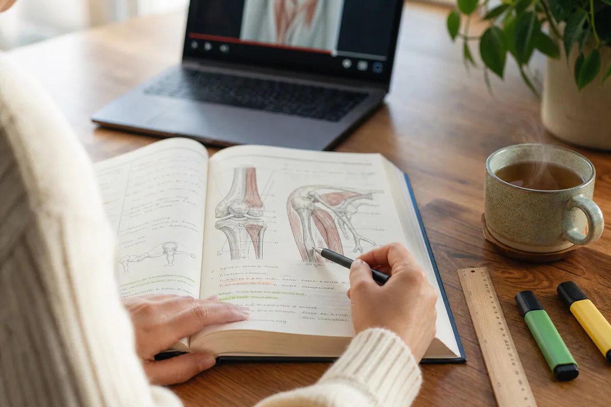 Person lernt zu Hause am Laptop – Online-Trainerausbildung mit Notizen und Trainingsbuch