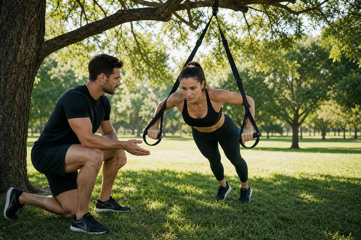 Personal Trainer und Klient trainieren mit Slingtrainer im Park