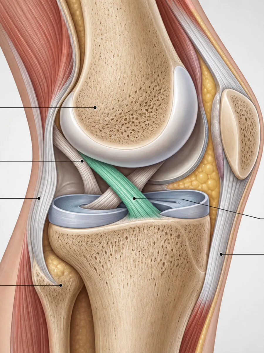 Anatomische Darstellung des Kniegelenks mit hervorgehobenem vorderen Kreuzband (VKB)