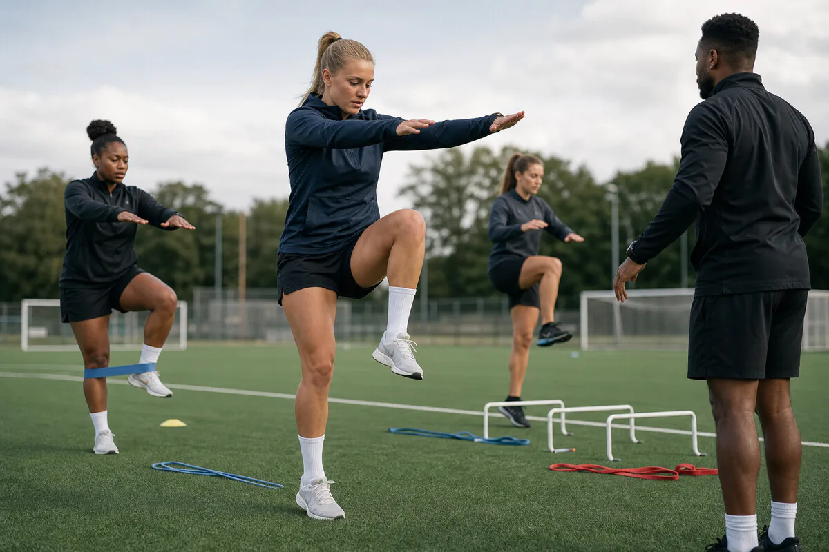 Athleten absolvieren VKB-Präventions-Aufwärmprogramm mit Balance und Plyometrie