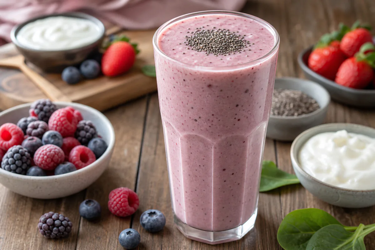 Beeren-Protein-Smoothie im Glas – cremig, pink, mit Chia-Topping
