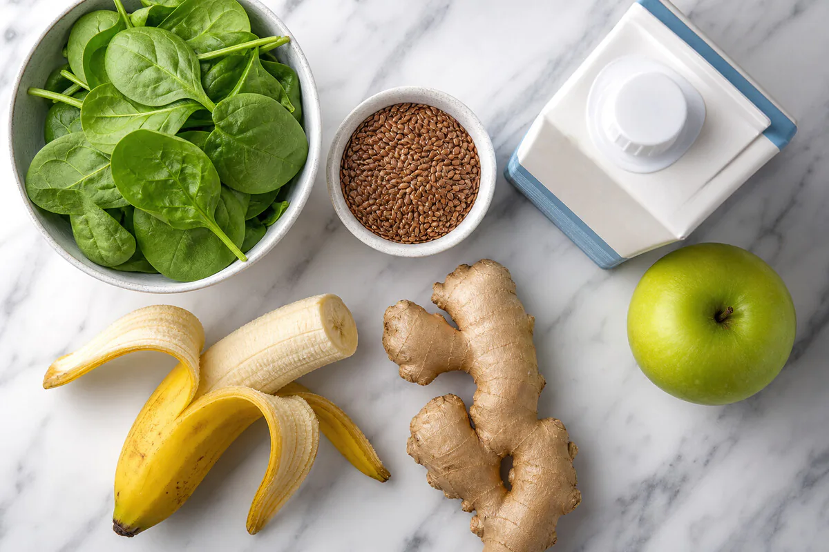 Zutaten für einen grünen Power-Smoothie: Spinat, Banane, Apfel, Ingwer und Mandelmilch