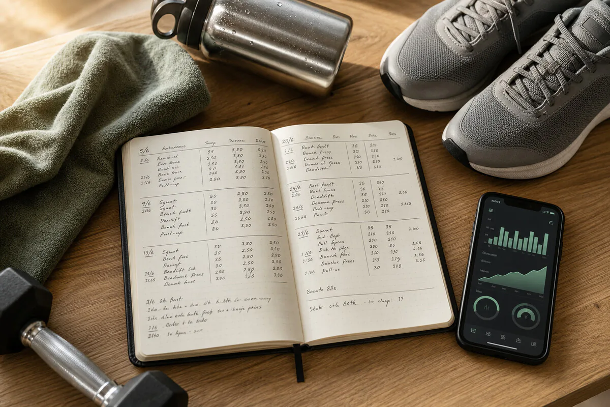 Trainingslog mit Gewichten und Notizen – Fortschritte dokumentieren hält Motivation hoch