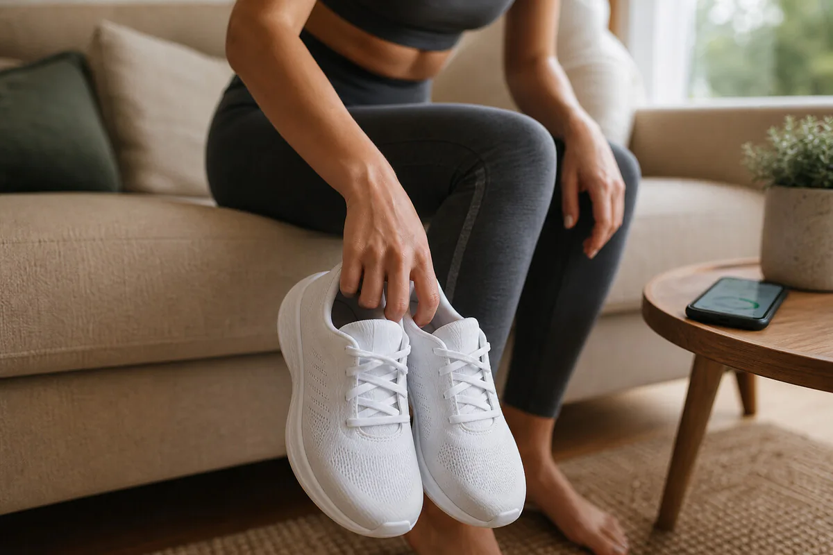 Person steht vom Sofa auf und schnürt Sportschuhe – Motivation statt Ausrede