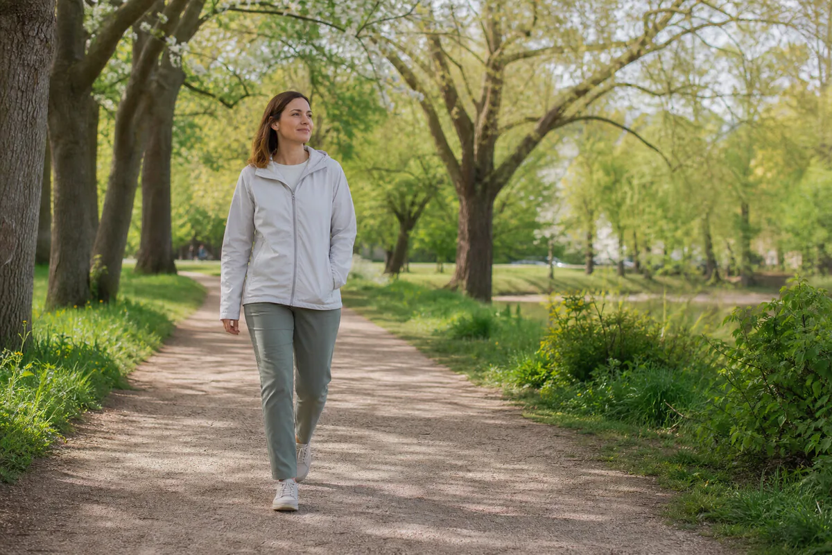 Person beim entspannten Spaziergang in der Natur – Bewegung an der frischen Luft als Stressabbau