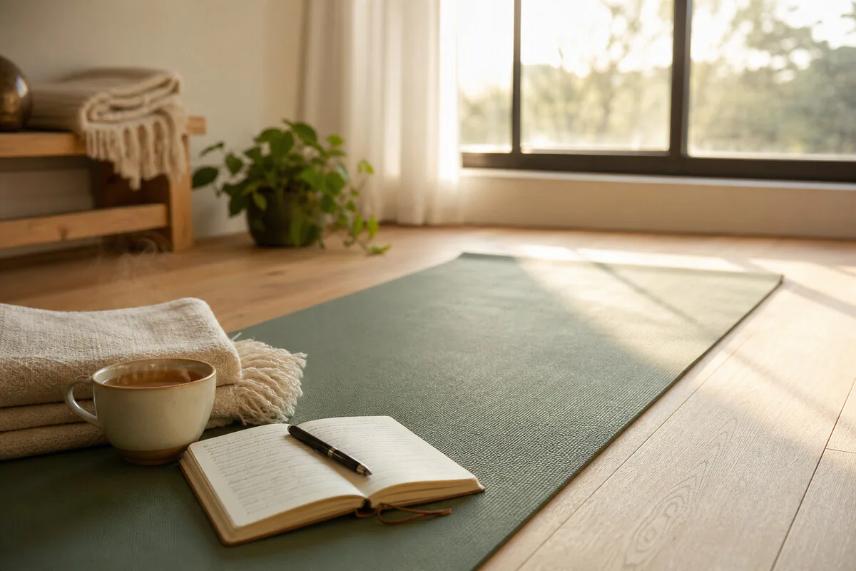 Morgendliche Yoga-Routine – Matte, Tasse Tee, ruhiges Tageslicht